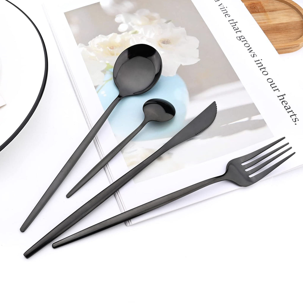 24-Piece Mirror Black Polished Flatware, 18/0 Stainless Steel Dinnerware Set Include Knife Fork Spoon Teaspoon