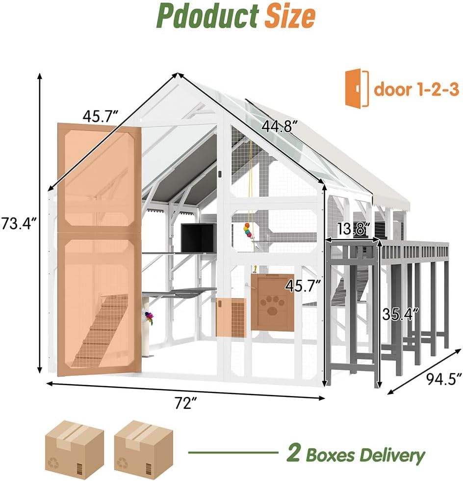 94.5" Extra Large Outdoor Cat Enclosure Catio, Wooden Cat House with 8 Platforms, 2 Cat Houses, Bridge & Scratching