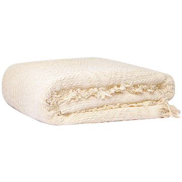 100% Cotton Throw Blanket in Cream Jacqard Weave Fabric with Fringe Soft All Season Cover for Bed Couch and Living