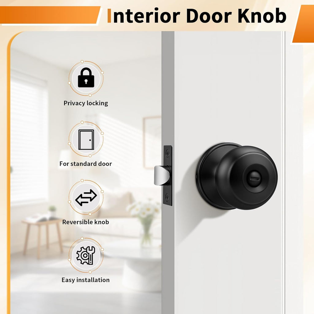 Black Door Knobs Bathroom, Interior Door Knob with Round Ball, Matte Black Privacy Door Knob, 6 Pack