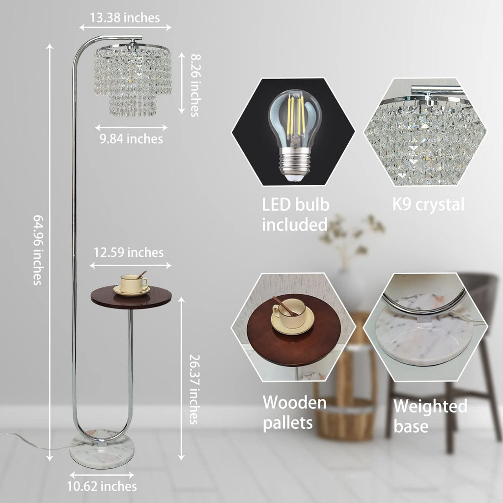 Arc Crystal Floor Lamp - Marble Base Modern Tall Stand Up Light with Table, Contemporary Over the Couch Chrome Lamp