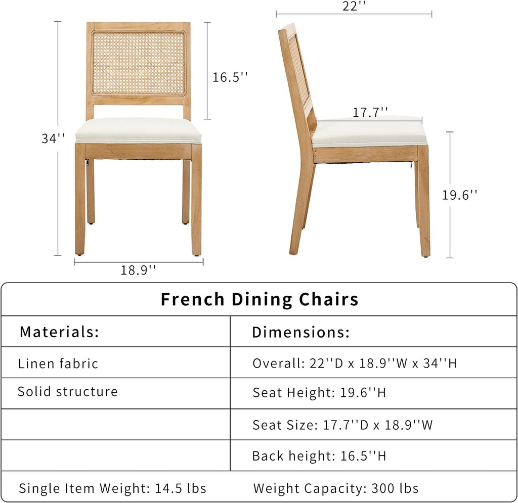 French Country Dining Chairs Set of 6, Beige Modern Kitchen & Dining Room Chairs, Rattan Dining Chair with Linen