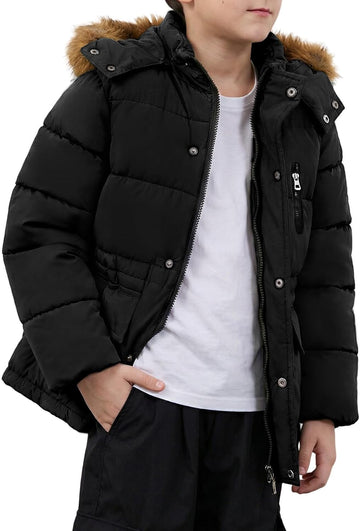 Boys' Winter Puffer Jacket Warm Thickened Fleece Lined Kids Parka Coat with Faux Fur Hood