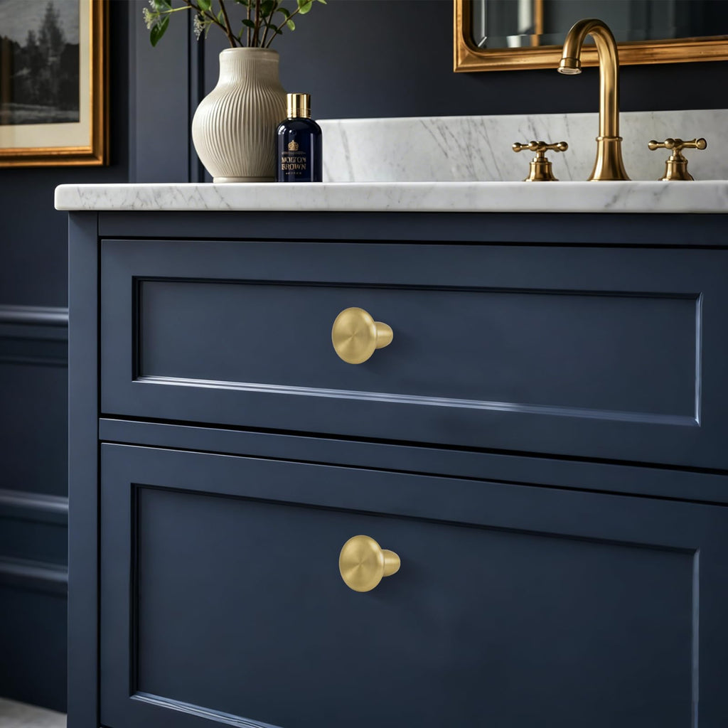 4 Pack Solid Brass Cabinet Knobs - 1.18" Round Mushroom Drawer Knobs, Brushed Gold Hardware Dresser Cupboards