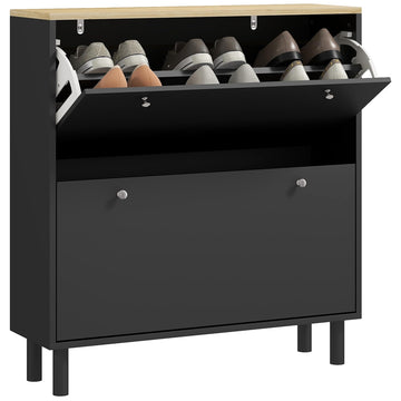 Shoe Cabinet, Narrow Shoe Storage Cabinet with 2 Flip Drawers and Adjustable Shelves for 16 Pairs of Shoes, Black