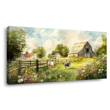 Rustic Farmhouse Barn Canvas Wall Art Vintage Wooden Barn with Cows Countryside Artwork Gallery Wrapped Canvas