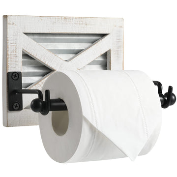 Farmhouse Toilet Paper Holder with Galvanized Metal& Black Metal - Rustic Weathered White Wood Wall Mount Toilet Roll