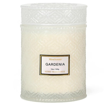 Gardenia Candle - White Floral Fragrance | 19 oz Large Soy Wax Candle in Embossed Glass Jar | Long Lasting Decorative