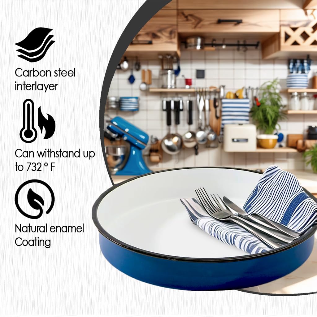 12 Inch Enamel Roasting Pan for Induction Cooktops Round Baking Pan, Thanksgiving Turkey Christmas Ham Lasagna & Pizza
