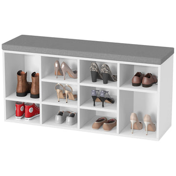 3-Tier Shoe Bench with Cushion | White/Grey | 10 Compartments