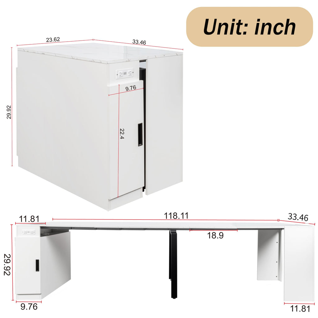 Expandable Dining Table, Folding Console Table with Built-in Outlet & Hidden Storage, Space Saving Furniture, White