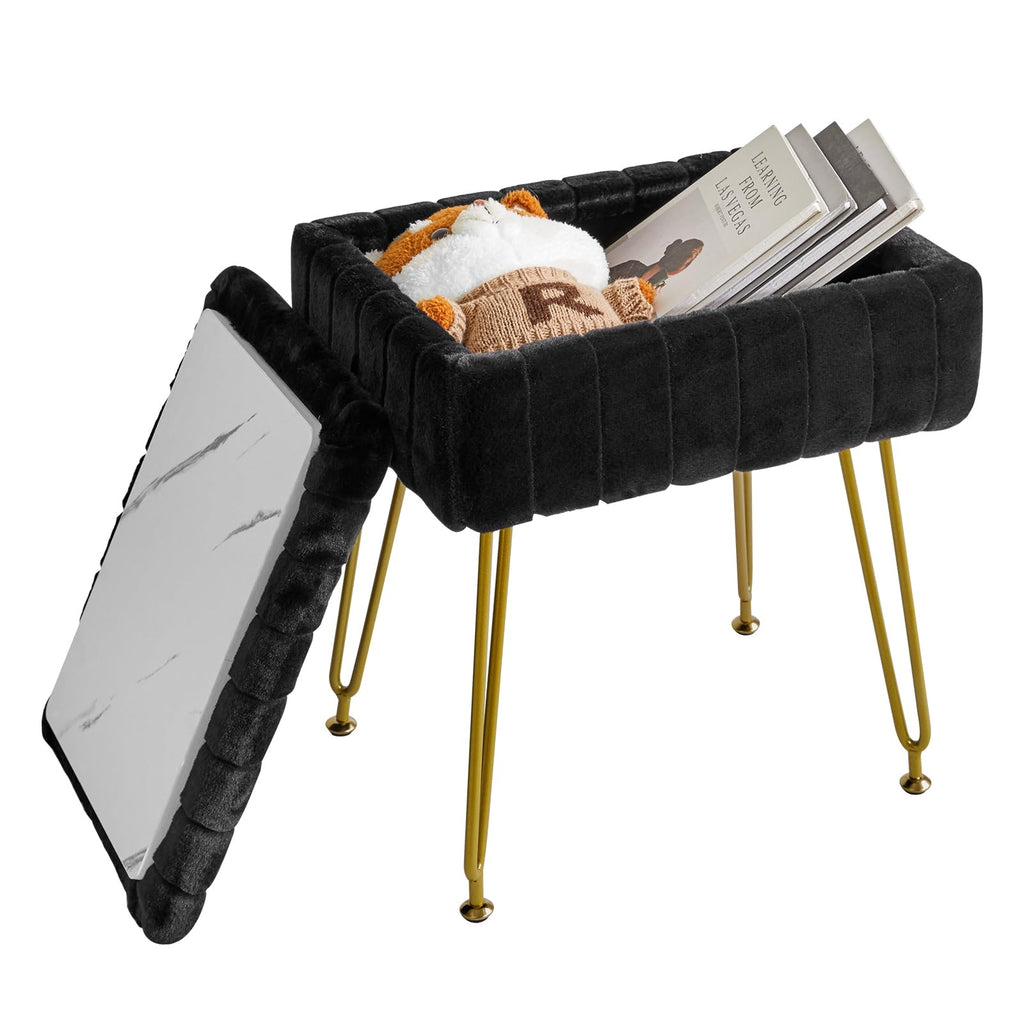 Vanity Stool Chair with Storage, Faux Fur Ottoman, Black
