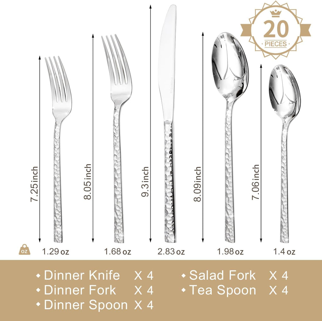 20-Piece Hammered Silverware Set, 18/10 Stainless Steel Flatware Set for 4, Cutlery Set