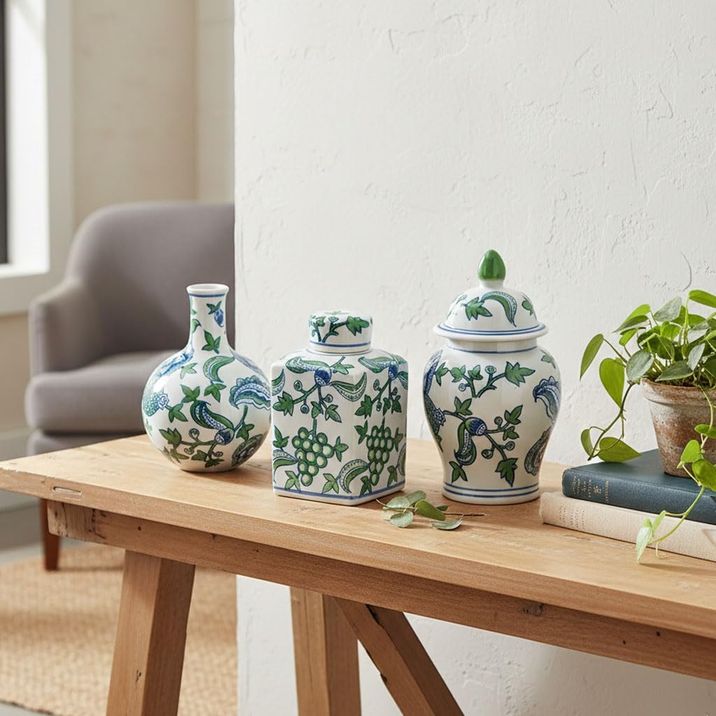 Decorative Porcelain Home Accents with Blue and Green Cherry Blossom Motif, Includes Traditional Ginger Jar - Set of 3