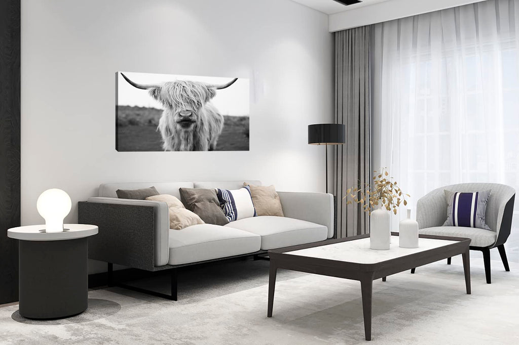 Highland Cow Canvas Art - Black and White Animal Wall Art Decor