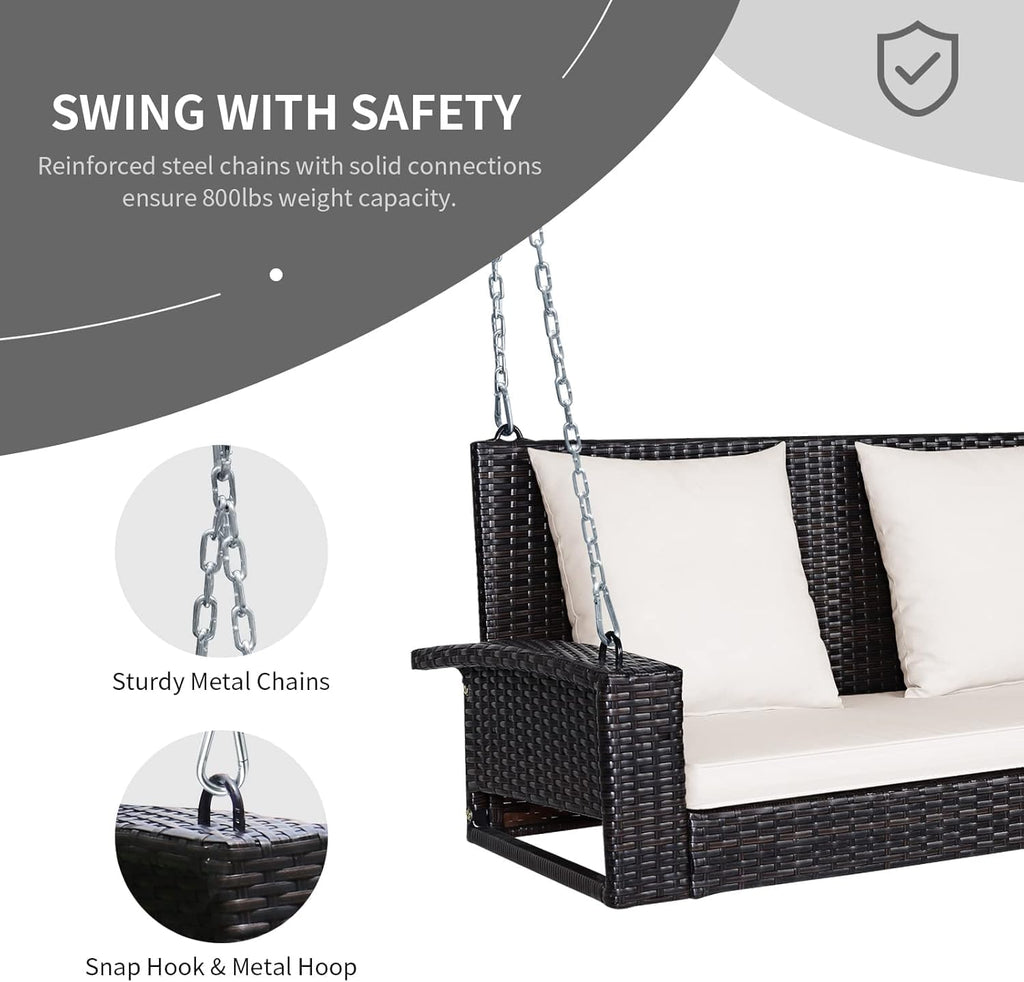 2-Seat Rattan Porch Swing, Wicker Outdoor Swings w/7.9 Ft Solid Metal Chain, Back & Seat Cushions for Garden