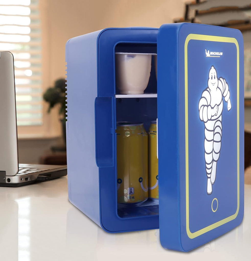 Michelin Portable 6 Can Mini Fridge, LED Lighted Door, 6L (6.3 qt) Capacity, Blue, Travel Cooler with 12V DC and AC