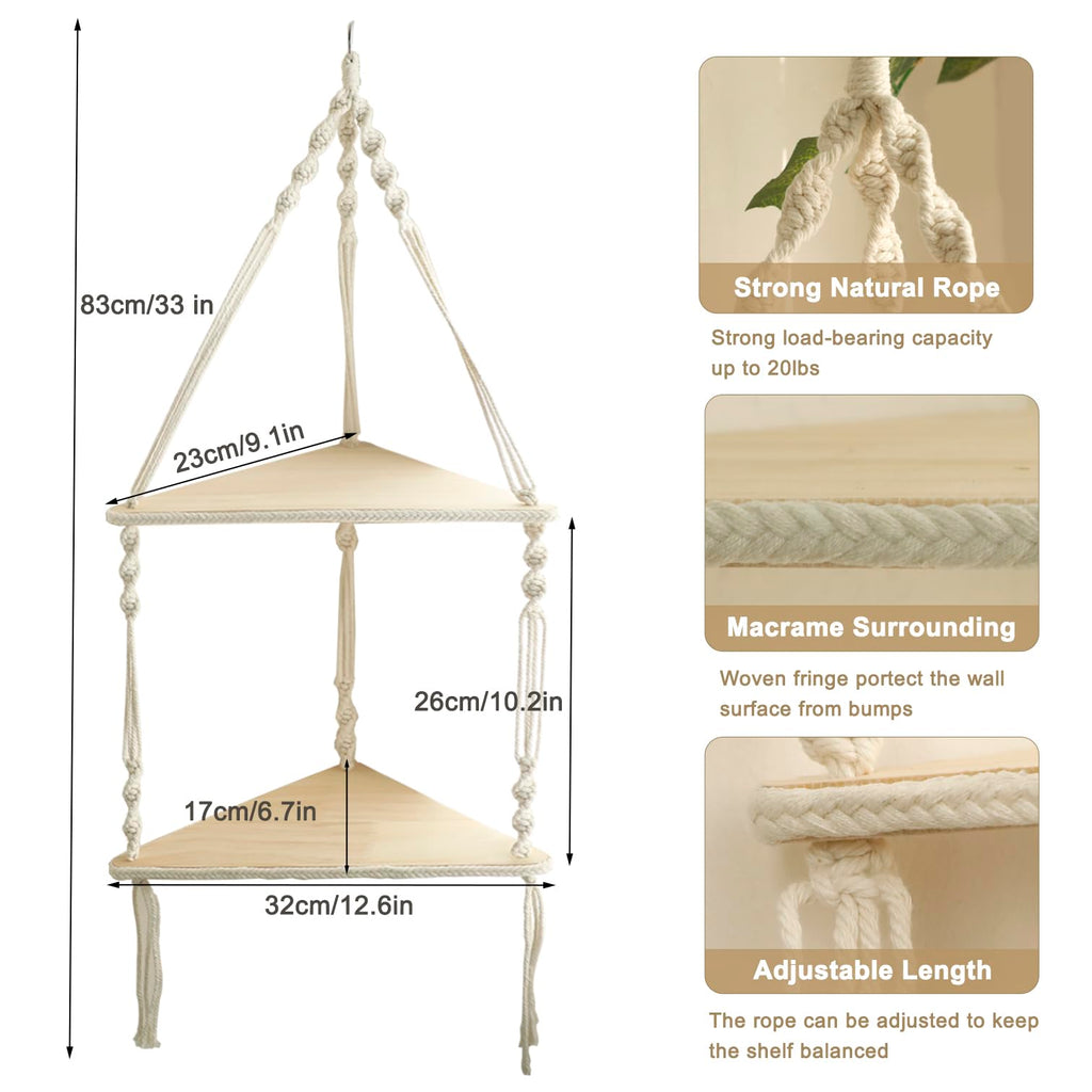 Corner Shelf Macrame Wall Hanging, Boho Wood Storage Wall Decor