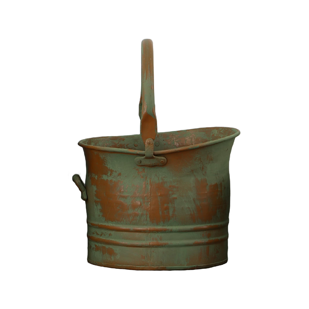 Benjara Tinged Metal Bucket Planter Set of 3, Patina Rust Green Finish, Decorative Planters with Side Handles, Rustic