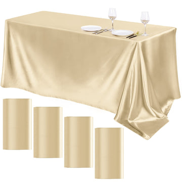 4 Pack Champagne Satin Tablecloth 102 x 58 Inch Overlay Table Cover