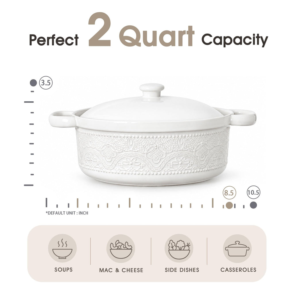FE Casserole Dish with Lid, 2 Quart Ceramic Baking Dish, Bright White