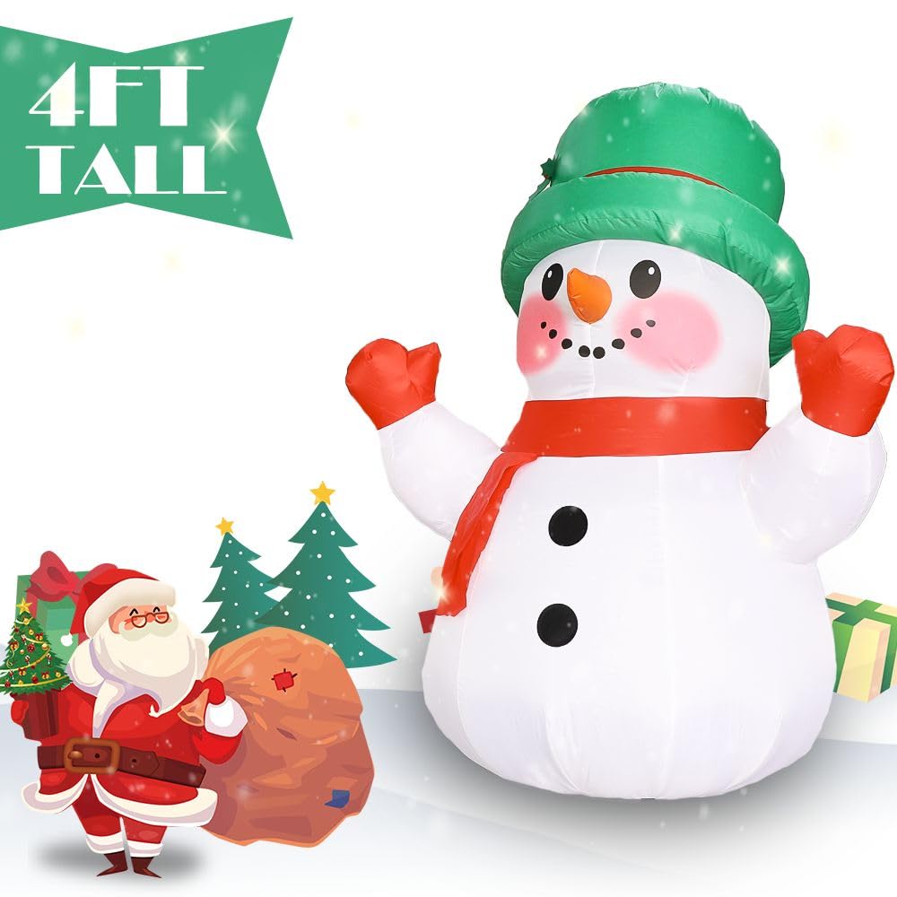 4ft Christmas Inflatables Snowman Outdoor Decorations, Blow up Snow Man Yard Decor Built-in Bright LED Light Wear