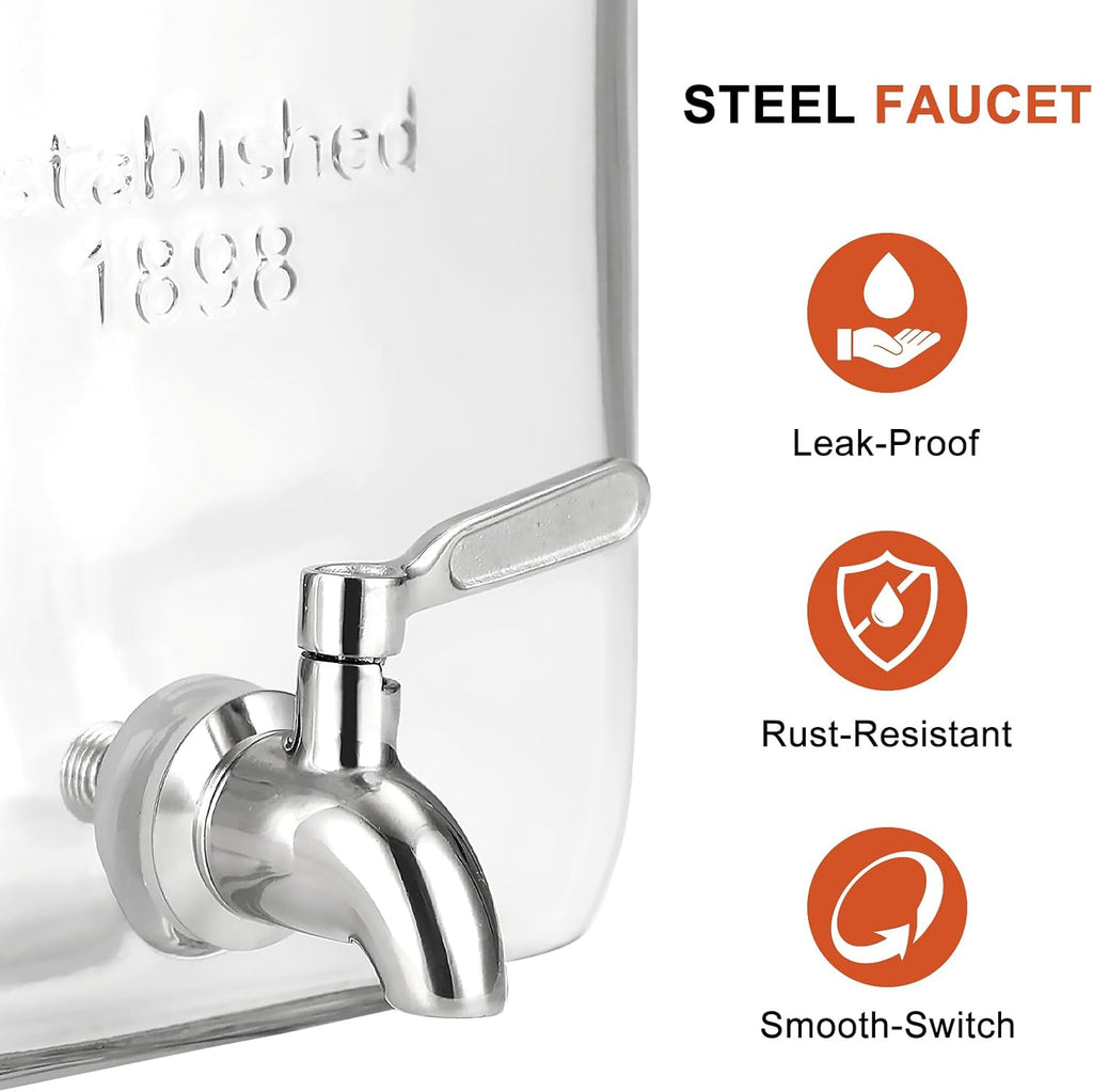 2 Gallon Glass Drink Dispenser - Stainless Steel Leakproof Spigot and Lid, Beverage for Parties, Water Beverage