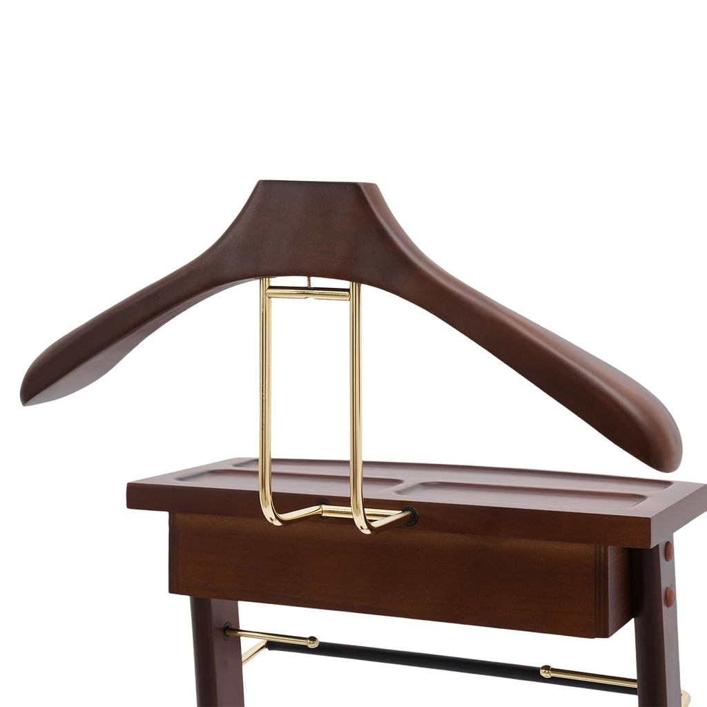 Freestanding Wood Mens Valet Stand with Drawer, Clothes Butler with Base, Suit Hanger Rack Living Room Bedroom