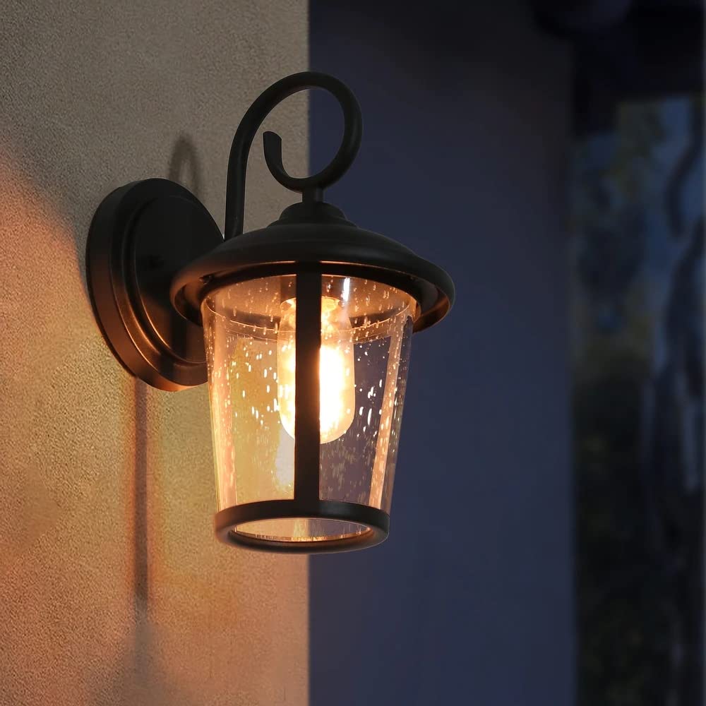Black Outdoor Wall Light, Farmhouse Exterior Light Fixture Wall Mounted Sconce, Seeded Glass Outdoor Porch Lights