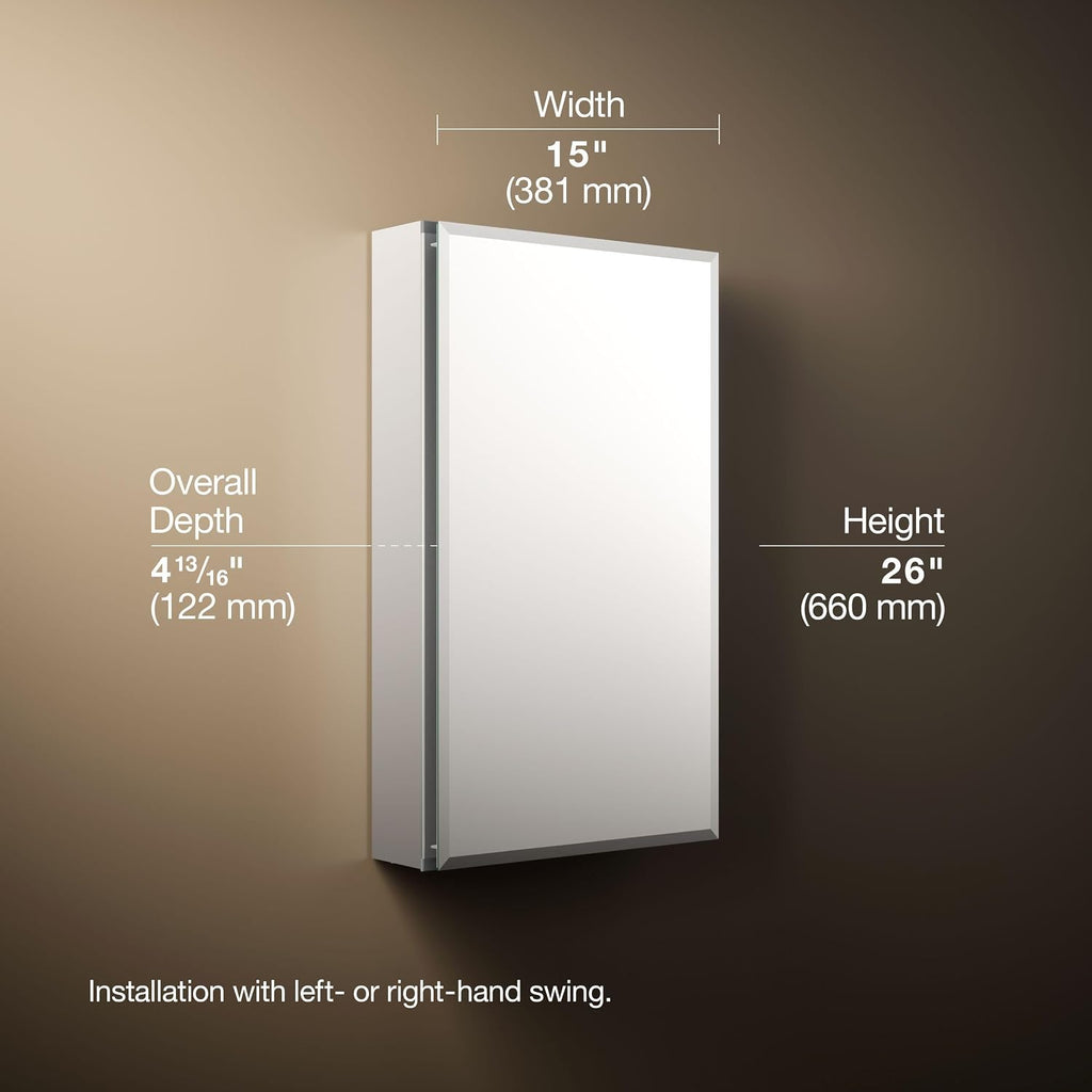 CB-CLC1526FS Frameless Bathroom Mirror Medicine Cabinet, Single Door, Rectangular Beveled Edge Frame, Bathroom