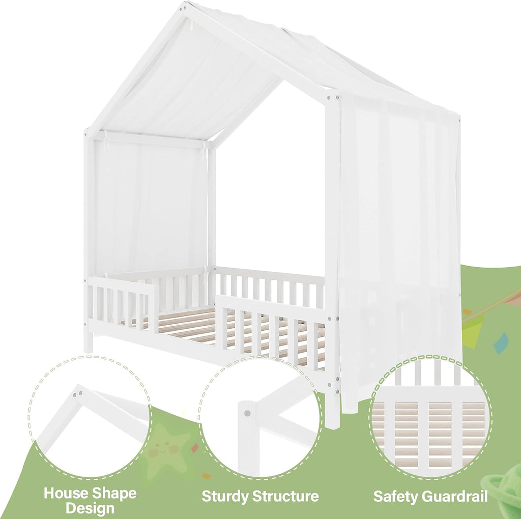 Tw Bed for Kids with High Rails, Montessori Floor Bed Twin with Roof & Canopy, Wood House Beds Frame for Boys Girls