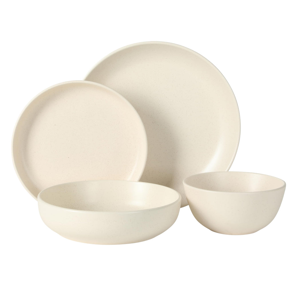 Leeds Court Plates and Bowls Sets, 16-Piece Stoneware Dinnerware Sets, Cream White, Round Speckle Reactive