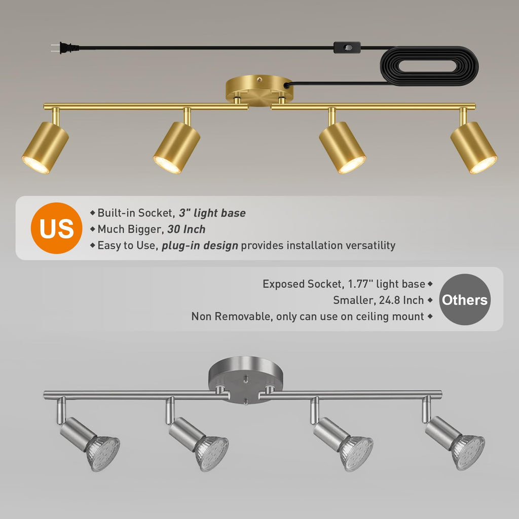 Track Lighting Plug in, LED Track Lighting Fixtures Ceiling Kit, Gold 4-Light Ceiling Light Plug-in, Wall Light