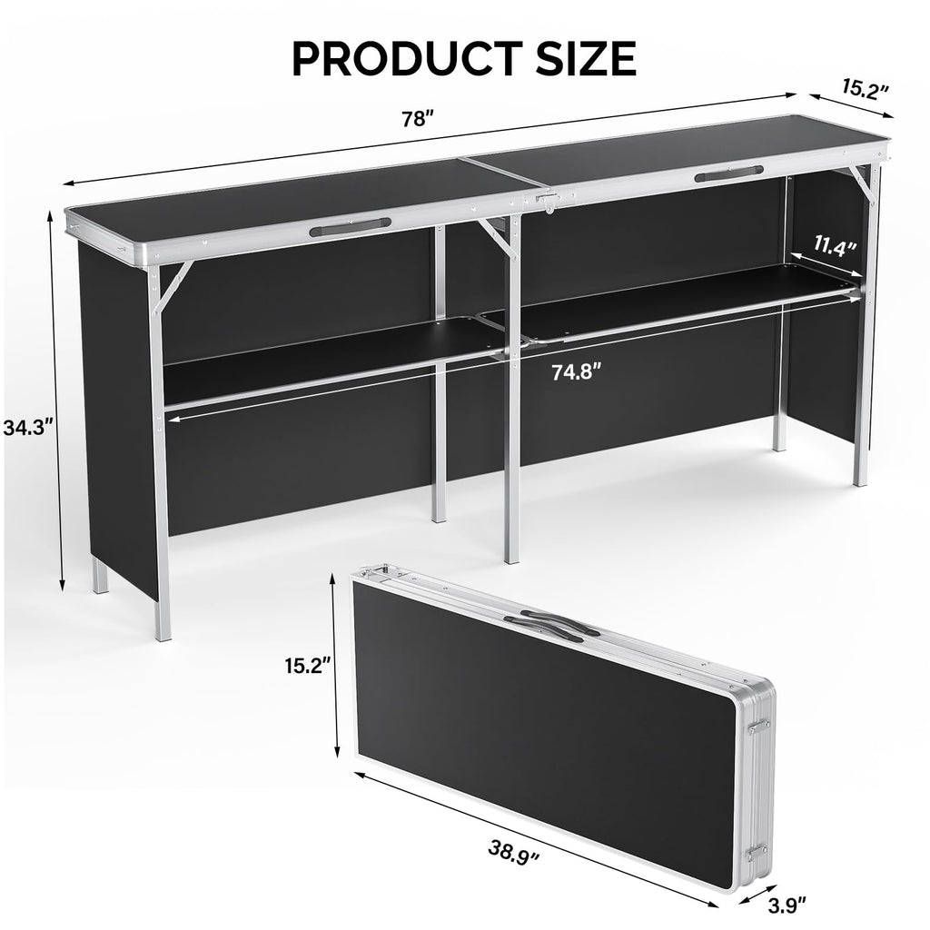 78" Portable Bar Table, 2-Tier Shelves, Mobile Bar Table for Events, Party, Camping, Picnic, Tradeshow, Indoor with