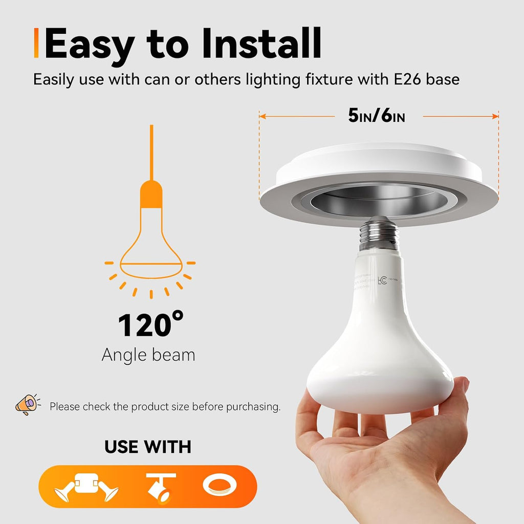 6 Pack BR30 Led Bulb 65W Equivalent, Dimmable LED Flood Light Indoor, E26 Base, 2700K Warm White, 9W, 800 LM