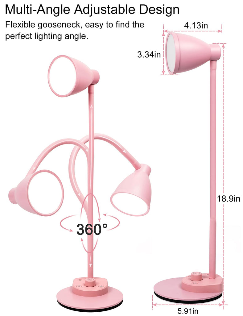 Cute Desk Lamp with USB Charging Port, 3 Color Modes Dimmable, Pink