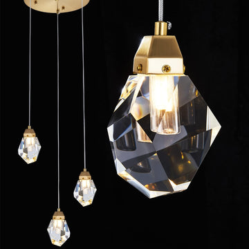 3 Lights Crystal Pendant Light Modern Cluster Chandelier - Dimmable LED Pendant Light Fixture with Brass Teardrop