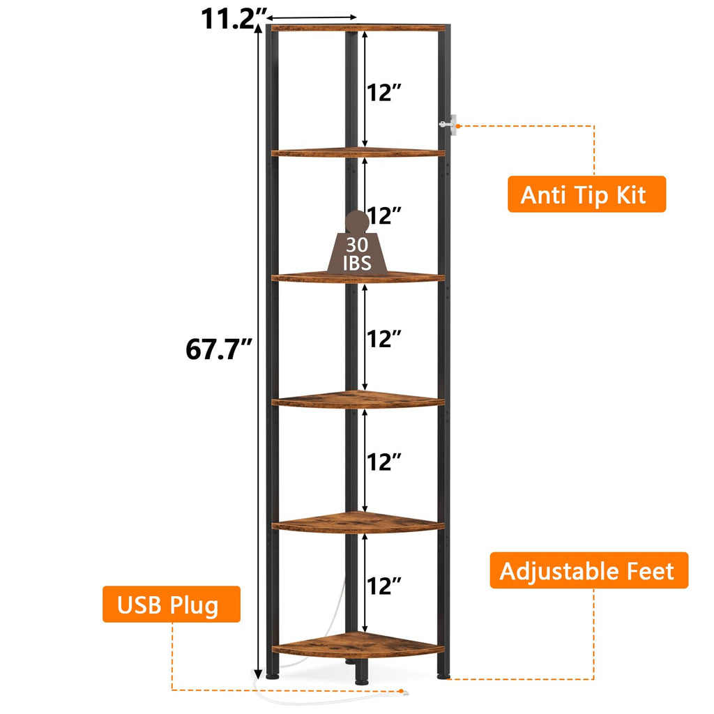 6 Tier Corner Shelf with LED Light, 67.5" Corner Narrow Bookshelf