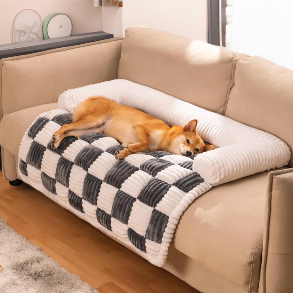 Checkerboard Dog Couch Mat with Bolster, Grey, 47 x