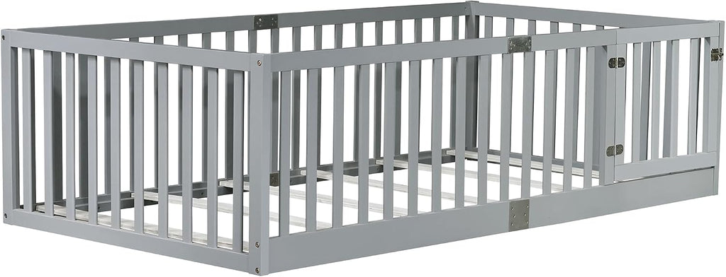 Floor Bed with Slats and Door, Montessori Floor Bed with Rails, Easy Assemble Montessori Beds