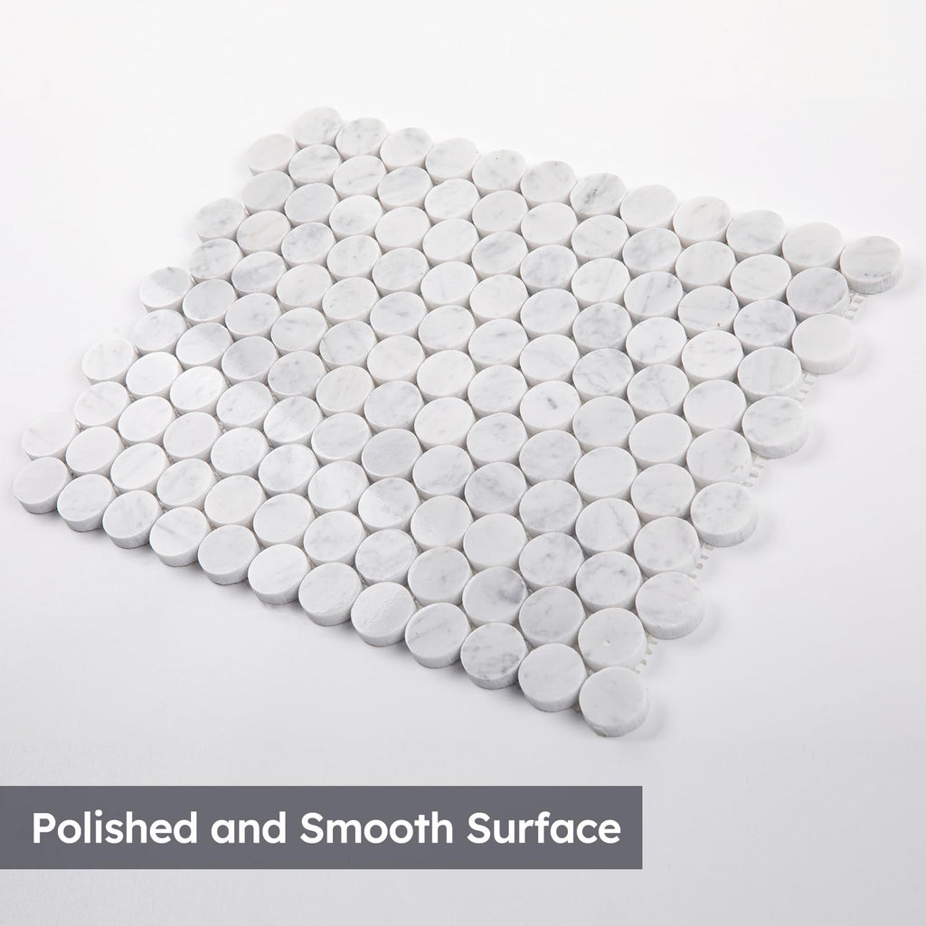 White Marble Mosaic Tile,1 Inch Penny Round, Polished, 5 Sheets