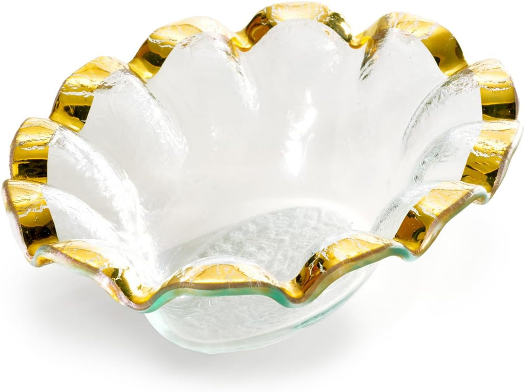Ruffle 8.25 x 6.5 Inch Dip Bowl with 24k Gold, Timeless Glass Tableware for all Occasions, Made in the USA
