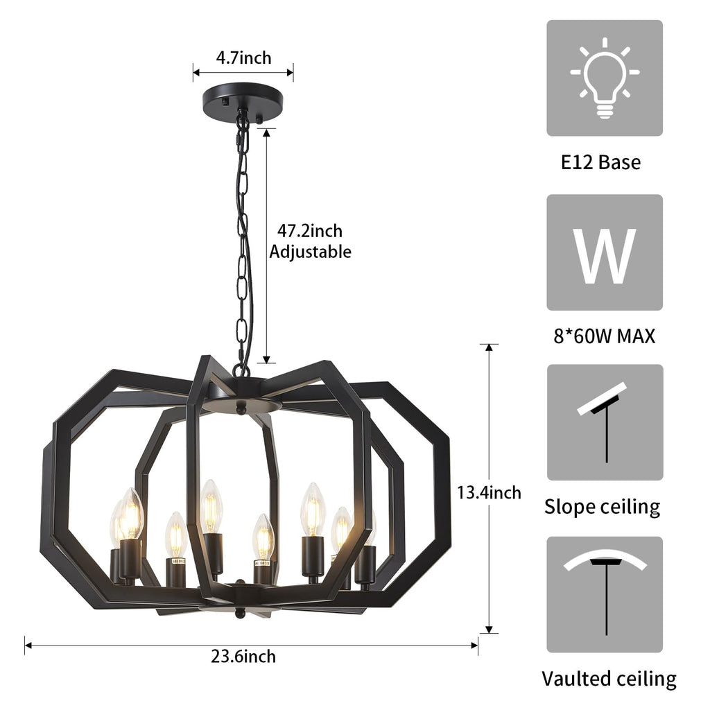 8 Black Light Farmhouse Chandelier Dining Room Light Fixture Geometric Modern Rustic Hanging Pendant Light Island