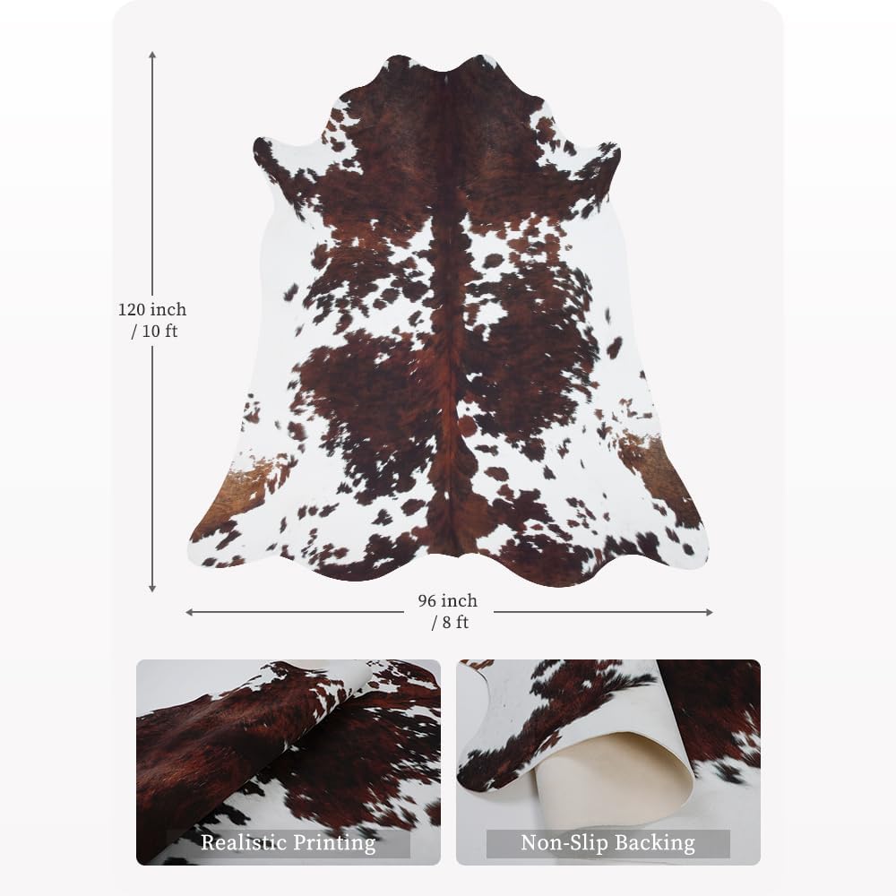 Cowhide Rug Cow Print Rug 10x8 Feet,Large Faux Cow Hide Rugs Bedroom Dining Room Home Office Brown Animal Print