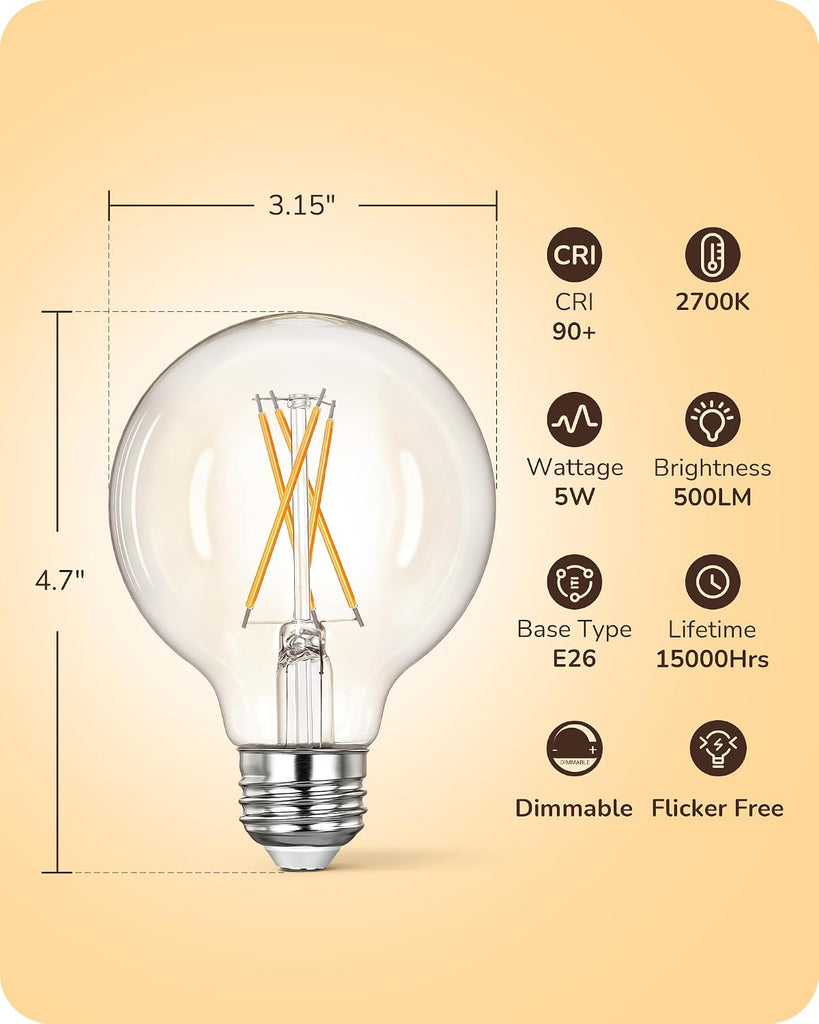 6 Pack G25 Globe Light Bulbs, Dimmable Vintage LED Edison Bulbs, CRI90+ 5W Equivalent 60W, Clear LED Filament Vanity