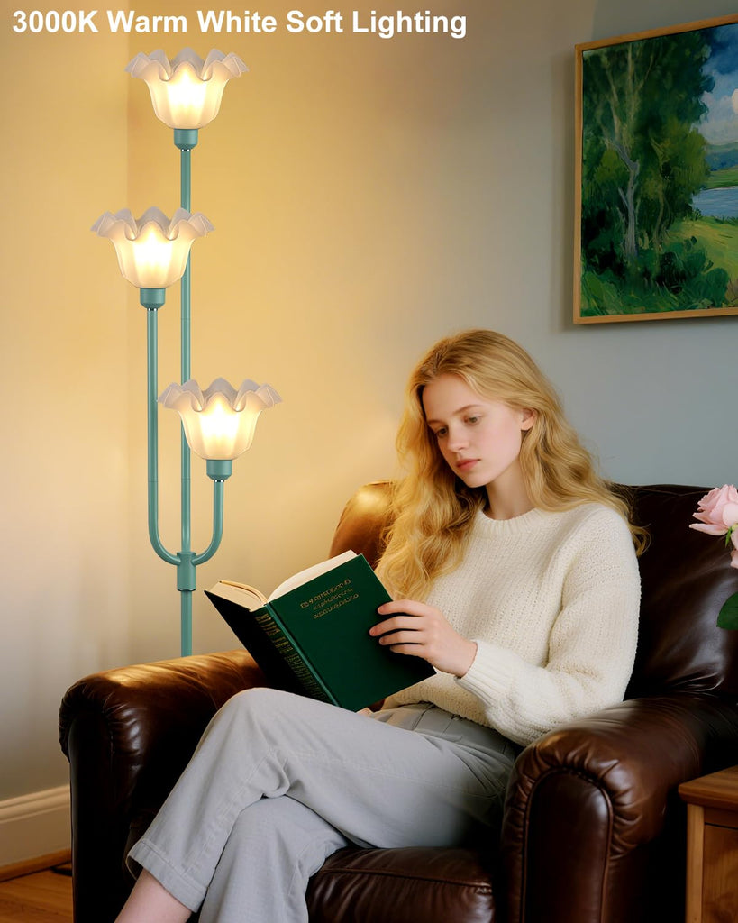 66 Inch Flower Green Floor Lamp Bedroom Office, 3-Light Mid Century Standing Lamp with 3000K Warm White LED Bulbs
