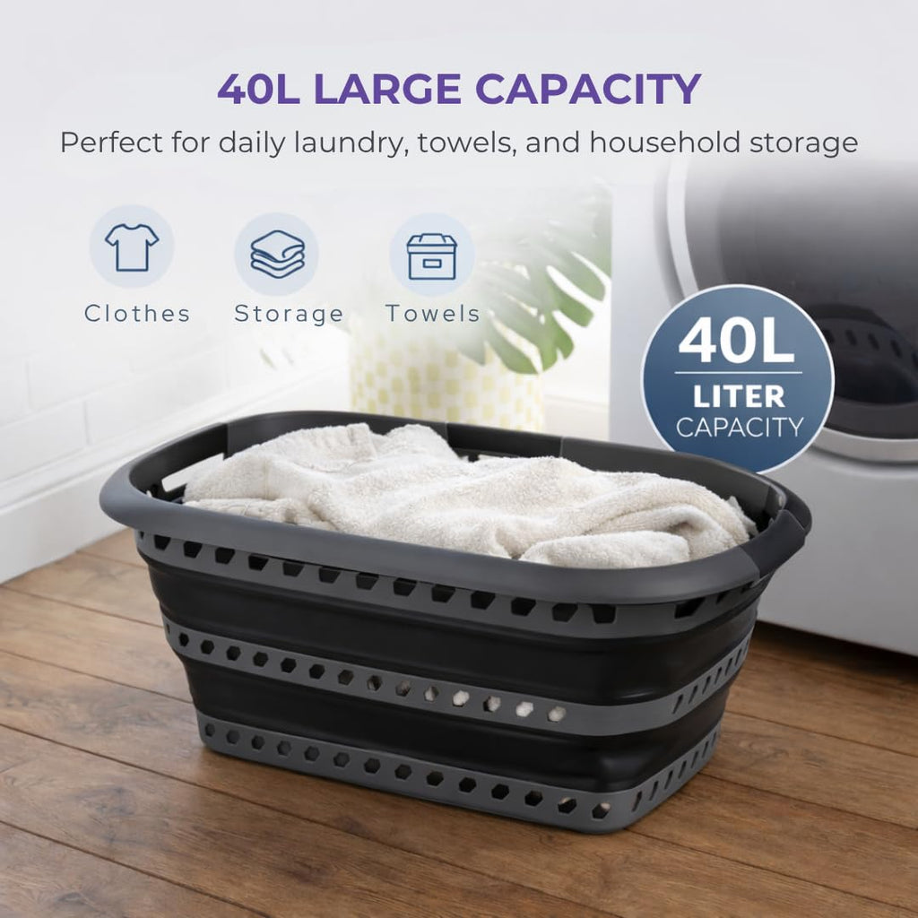 360 Collapsible Laundry Basket 40L | Portable | Space Saver Storage | Hold 2 Loads | Store Under the Bed or Closet |
