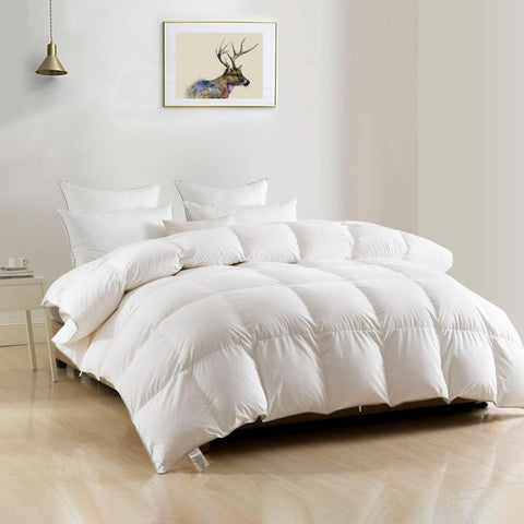 Luxury Oversized Queen Down Feather Fibers Comforter, Soft Cotton Blend Cover, High Fill Power Mediu