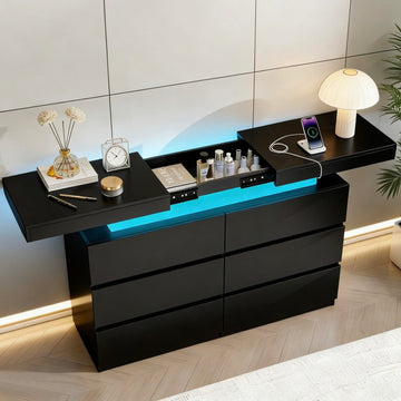 Black 6 Drawer Dresser with Sliding Top and Power Outlet Modern LED Lights Double Dresser Wide Chest of Deep Drawers