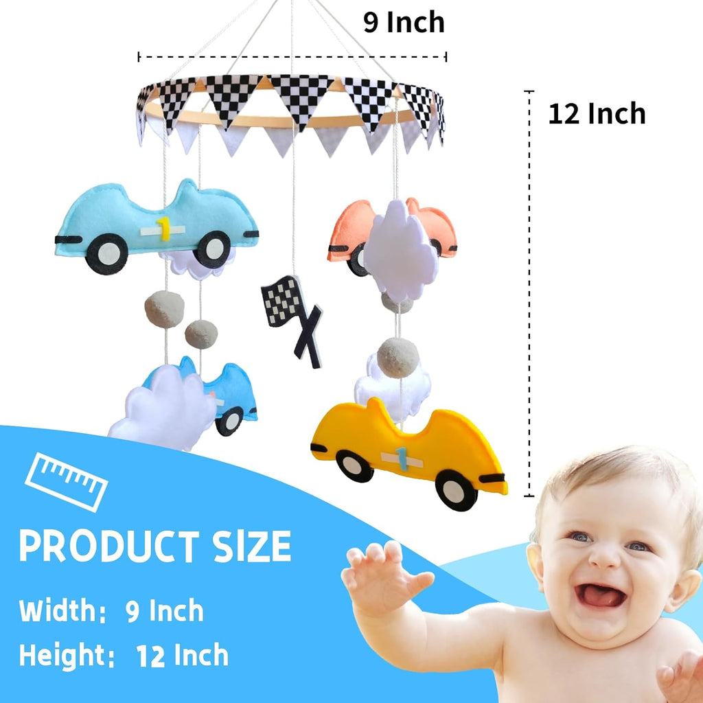 Felt Race Car Baby Crib Mobile, Wooden Hanging Nursery Decor for Baby Boys